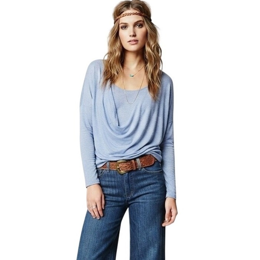 We The Free Cowl Neck Top Women Size Large Blue Long Sleeve Draped Boho Good